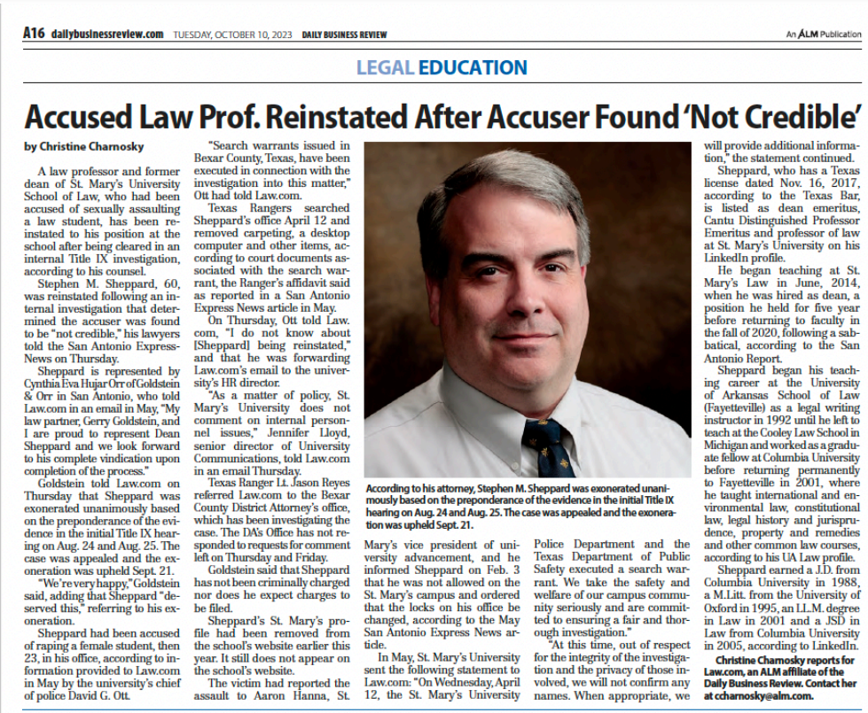 Accused Law Professor Reinstated After Accuser Found 'Not Credible"