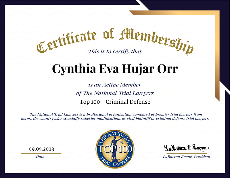 Certificate for The National Trial Lawyers Top 100 - Criminal Defense